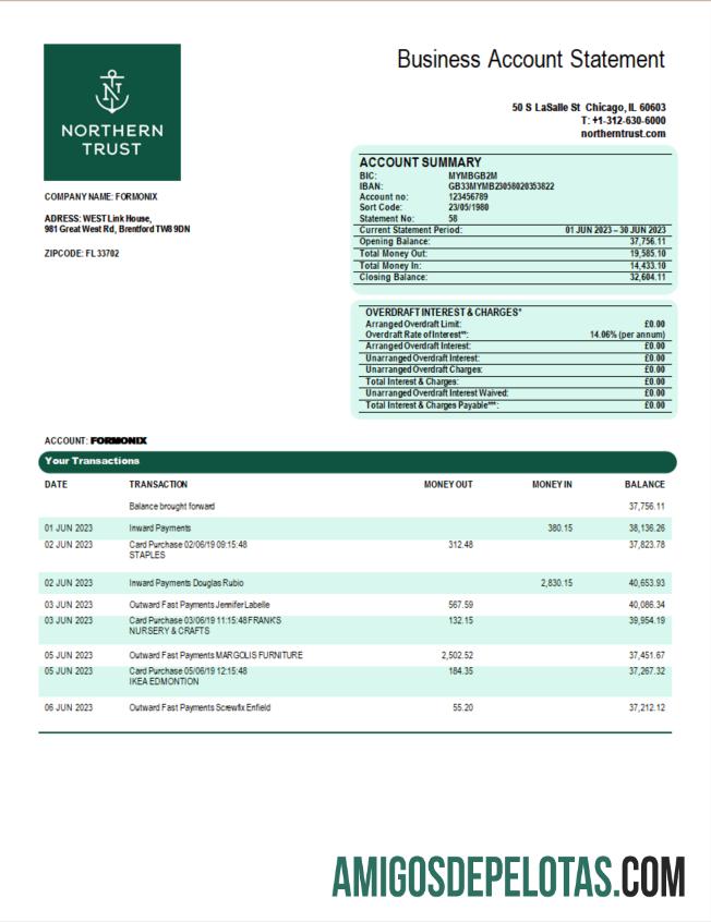 Em branco Northern Trust Bank Firm Statement modelo Word e PDF
